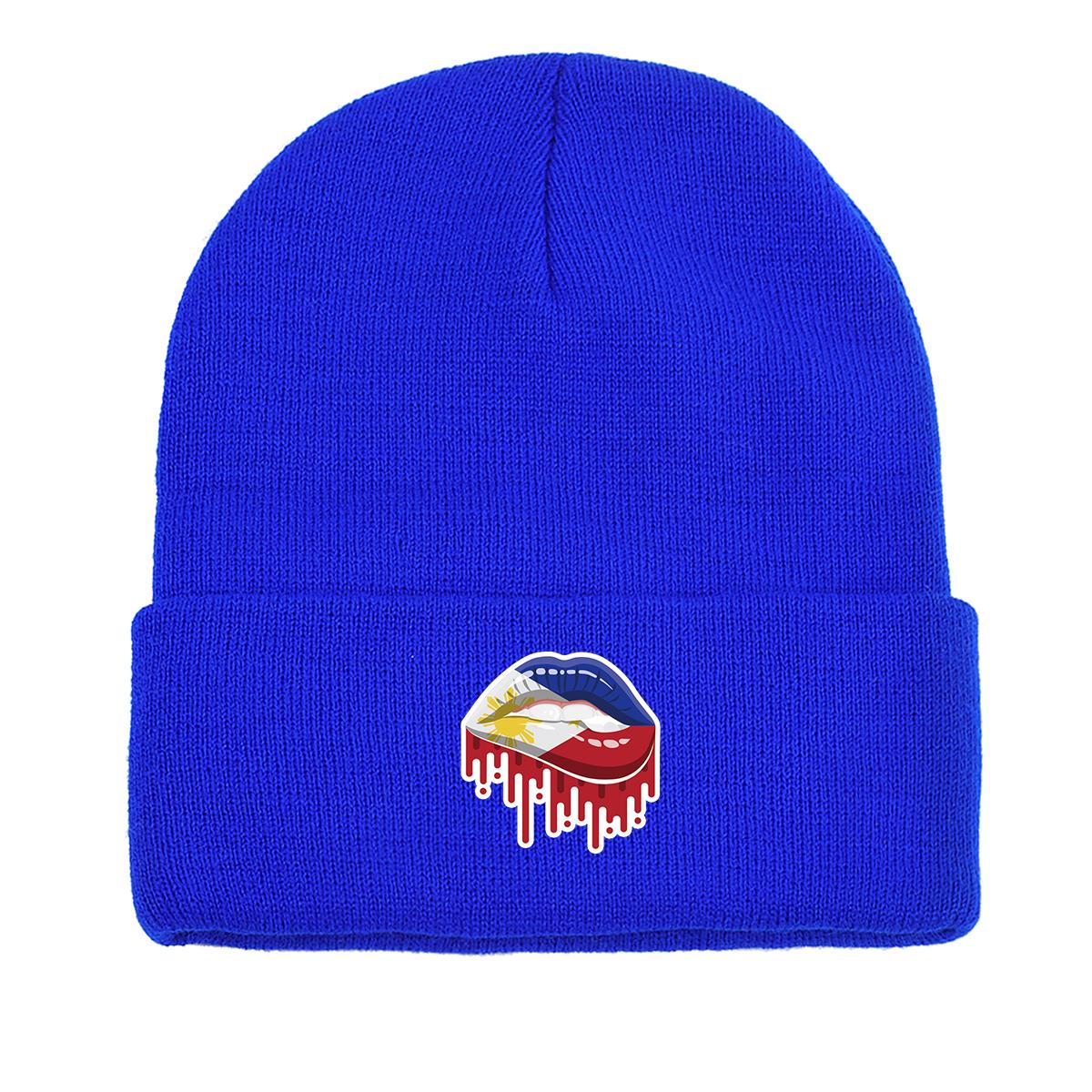 

Lip Flag of Philipines Winter Knit Hat Beanie, Patriotic Skull Cap Thermal Slouchy Solid Bonnet Knitted Cap Beanie as the picture синий