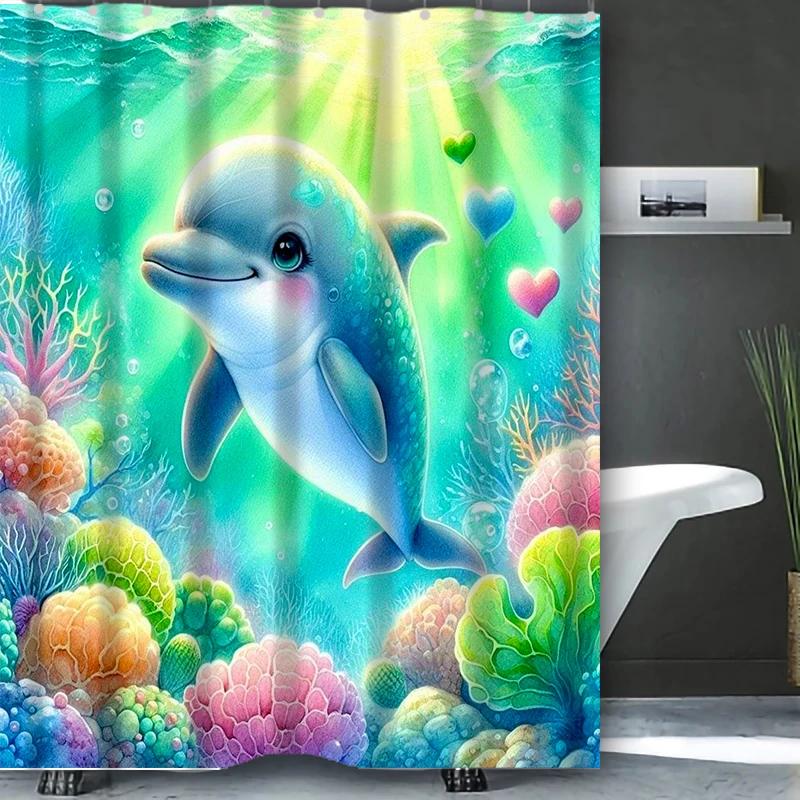 

Мечтательная шторка для душа с дельфинами, водонепроницаемая и устойчивая к плесени шторка для ванной с дизайном в океанском стиле для романтического декора ванной комнаты 180X180cm