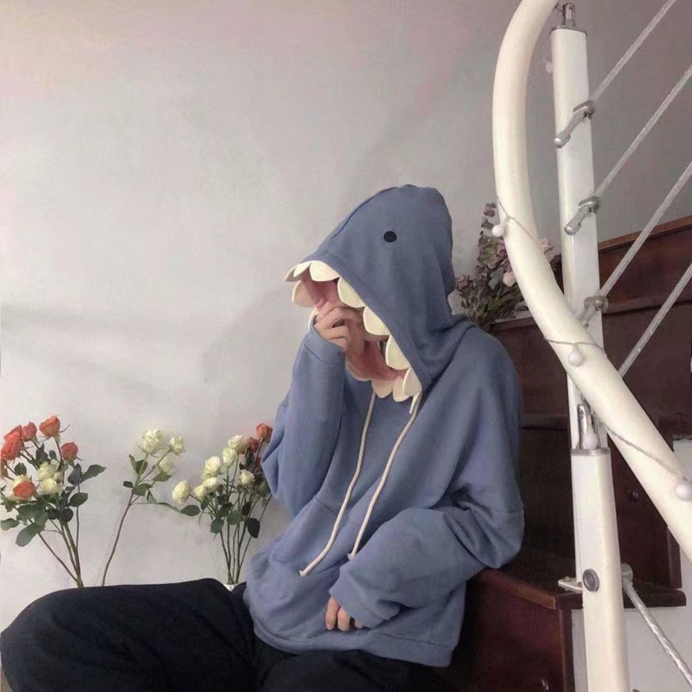 Drawstring Fleece Shark Hoodies Pullover Shark Hat Sweater Hooded Sweatshirts  Women Man