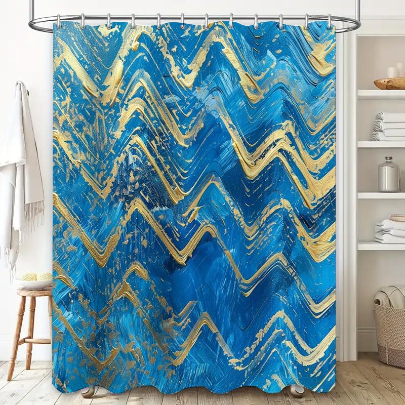 Blue Gold Wave Shower Curtain Waterproof Home Decor Bathroom Decoration DIY Art Painting Wall Hanging Shower Curtains for Kitche