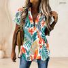 Women Plus Size Collared Neck Short Sleeve Lemon Print White Button Front High Low Curved Hem Shirt