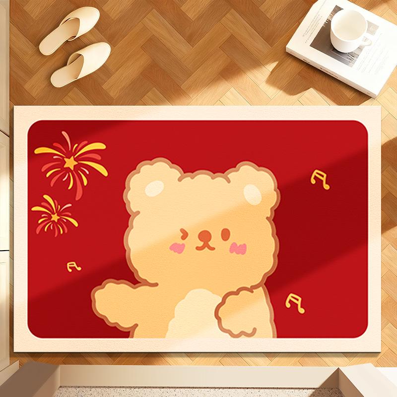 New Year Anti-Slip Red Bathroom Floor Mat - Quick-Drying, High Water Absorption