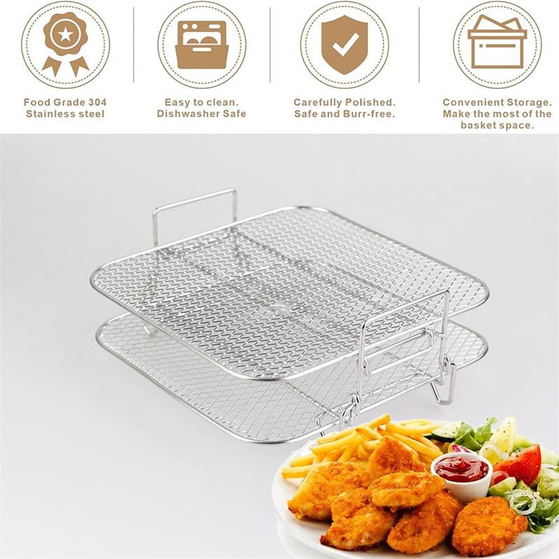 2-Layers Air Fryer Rack Stainless Steel Stackable Grid Grilling Rack Basket for 5-6.8QT Air Fryer Oven Steamer Cooking BBQ Tool