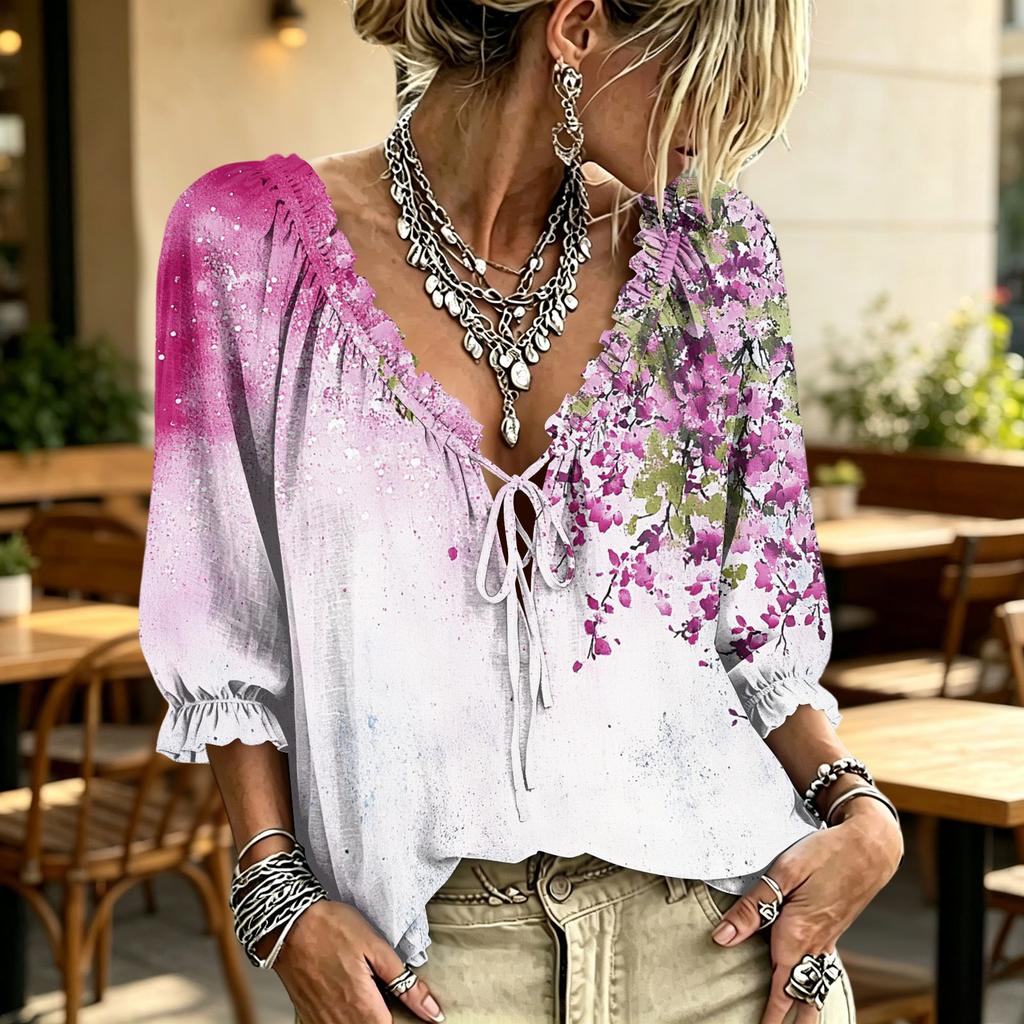 Women's Casual Printed V-Neck Ruffle Tie Blouse