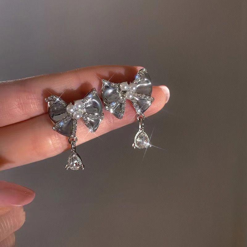 952 Silver Needle Luxury Bow Pearl Drop Earring - Japanese Korean Sweet Style
