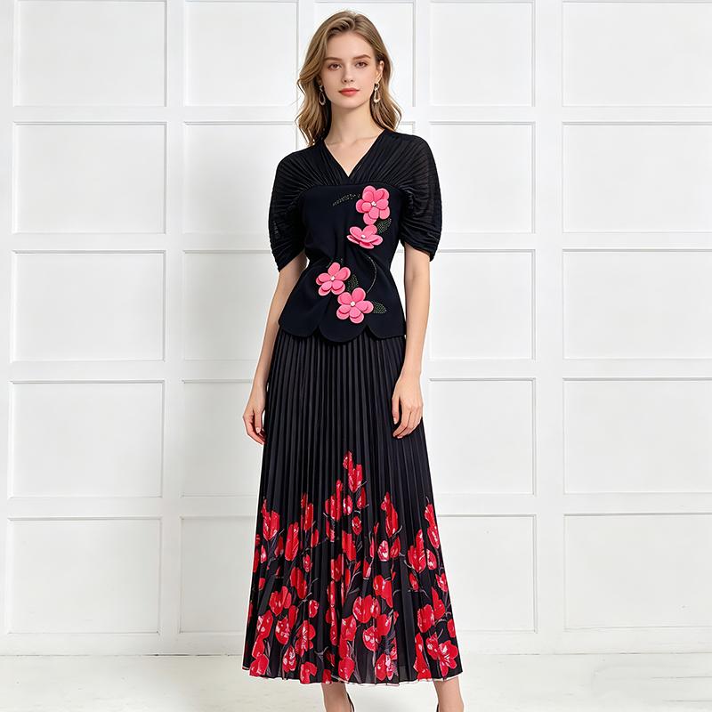 Miyake Pleated Two Pieces Skirt Suit Women 3D Flower Metal Batwing Sleeve High Stretch Blouse Tops + A-Line Maxi Skirt Sets
