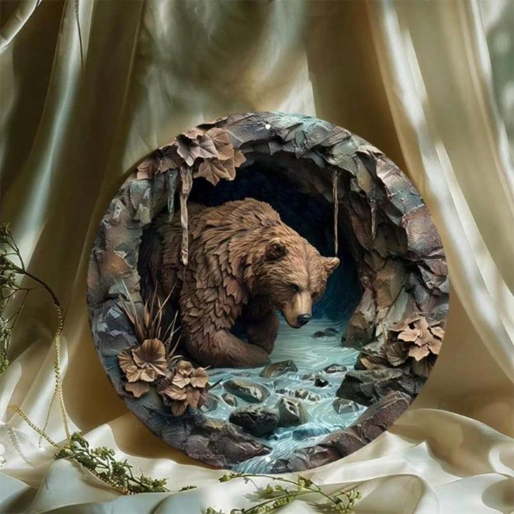 Brown Bear Cave Art Round Metal Sign Durable Wall Decor Indoor Outdoor Hanging
