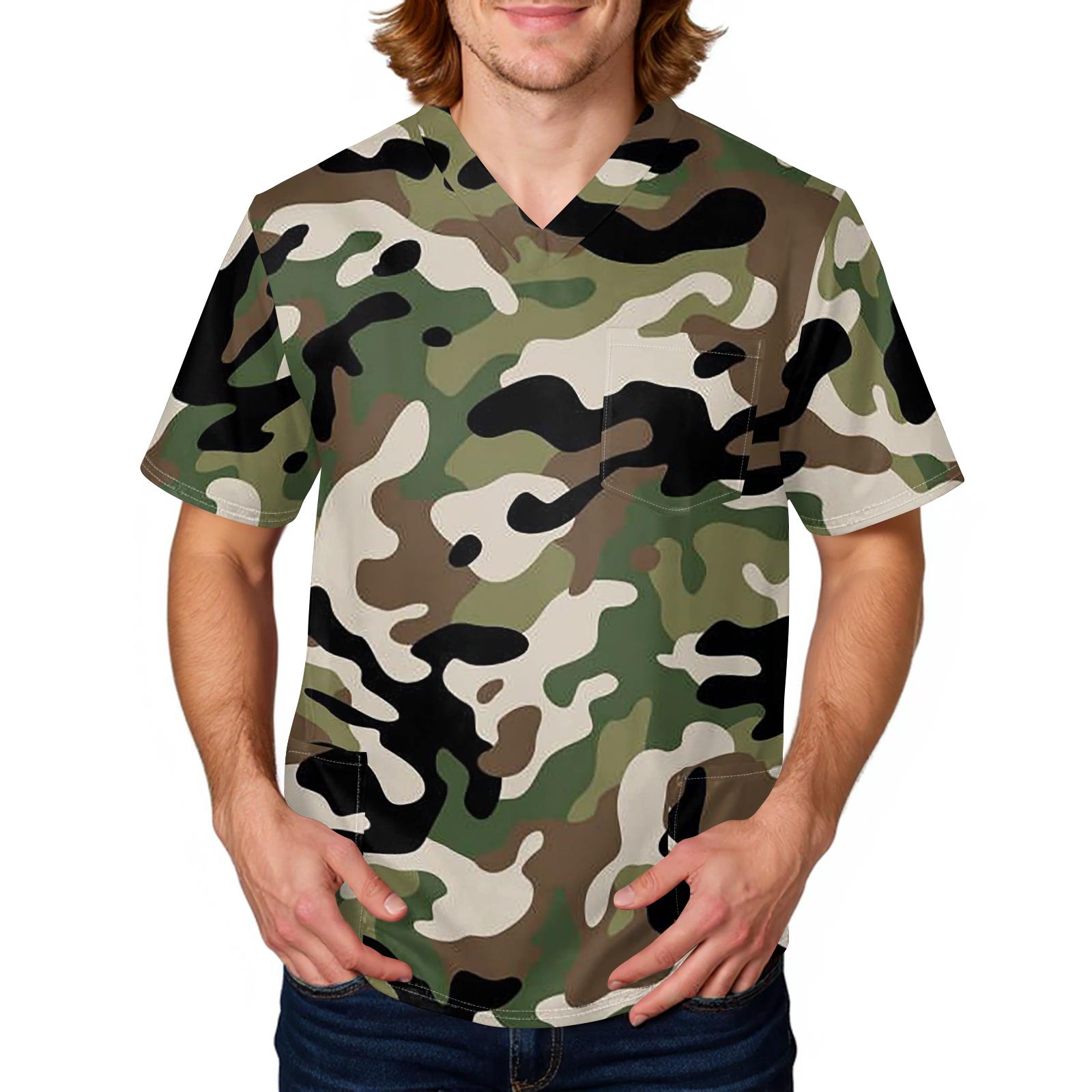 Men s casual personalized camouflage printed shirt - Men s V-neck long-pockets protective work uniform short-sleeve L армия зеленый