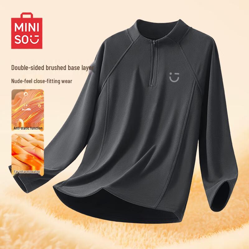 MINISO Men s Winter Half-Zip Stand-Collar Double-Sided Fleece Thermal Long Sleeve T-Shirt L