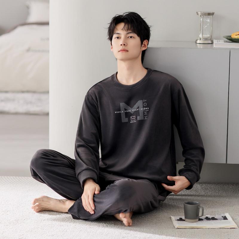 Pajamas Men'S Autumn And Winter Warm Island Fleece Long Sleeve Crew Neck Pullover Coral Fleece Loungewear Thin Fleece Large Size Set