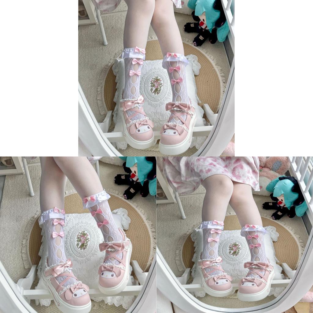 Lolita Butterfly Bow Satin Kneehigh Socks With Frictionresistant Nylon For Women