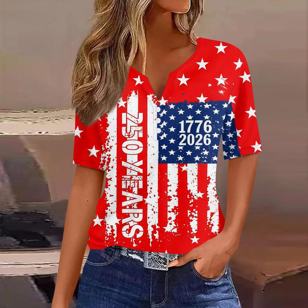 Damen-T-Shirt mit Aufdruck „Unabhängigkeitstag“ und Knopfleiste, kurzärmelig, für den Alltag und das Wochenende, modisch, Basic, V-Ausschnitt, normales Oberteil