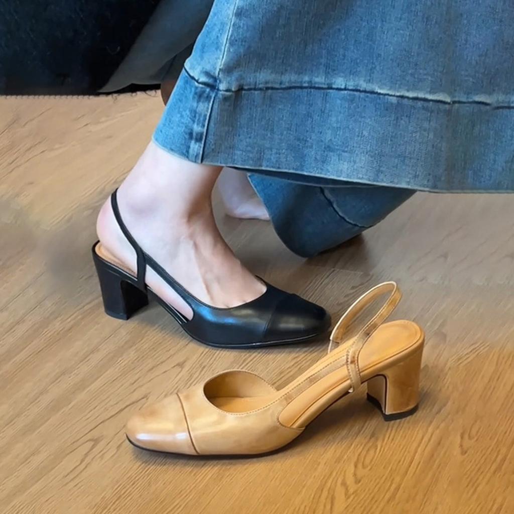 New retro round head rear strap sandals femininity medium heel simple round head literary style high heels