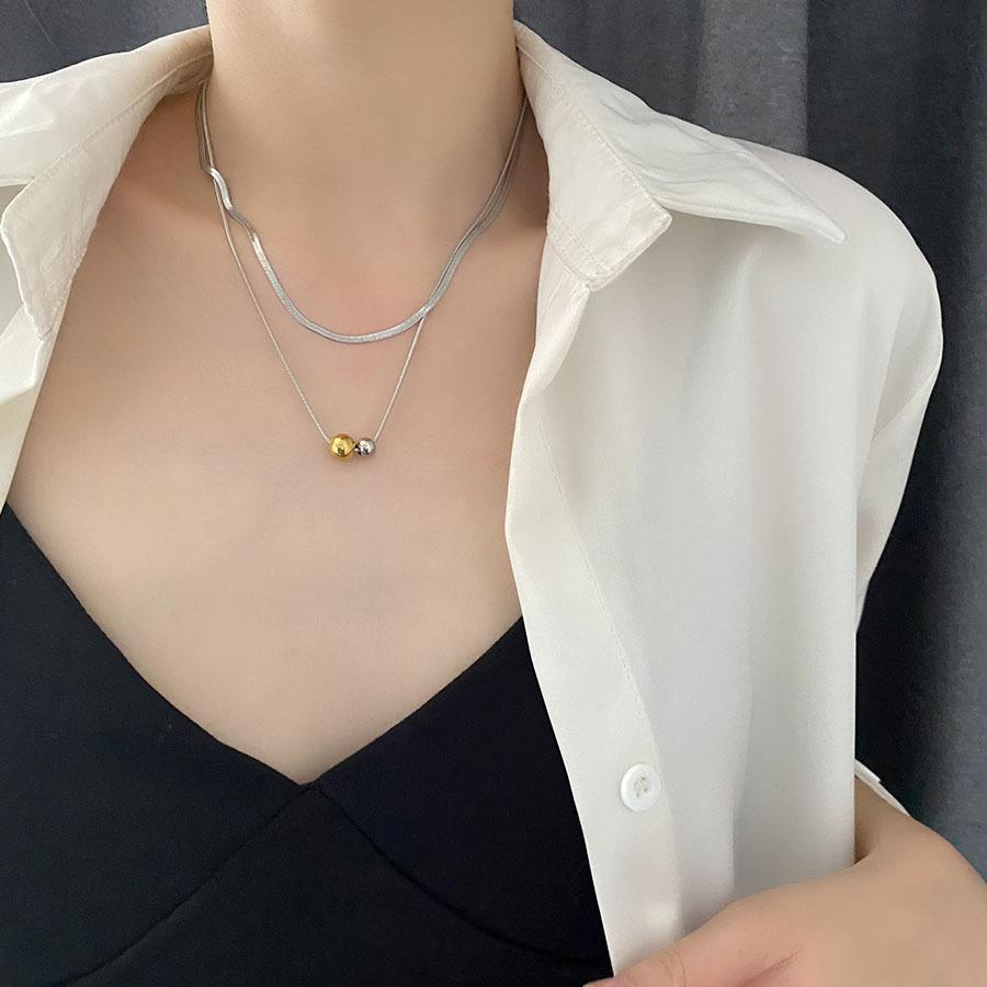 Punk Double Layer Choker Necklace for Women Snake Blade Chain Stainless Steel Bead Ball Pendant Minimalist Fashion Jewelry