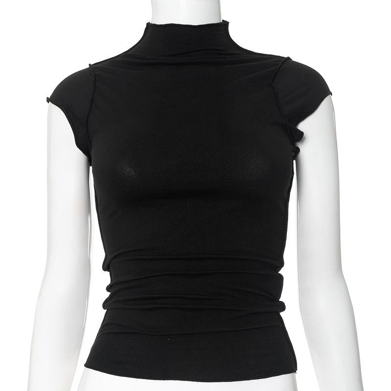 

YYFS Женская мода Повседневная Летняя Весна Однотонный Принт Короткий Рукав Полуводолазка Блузки и Рубашки M чёрный