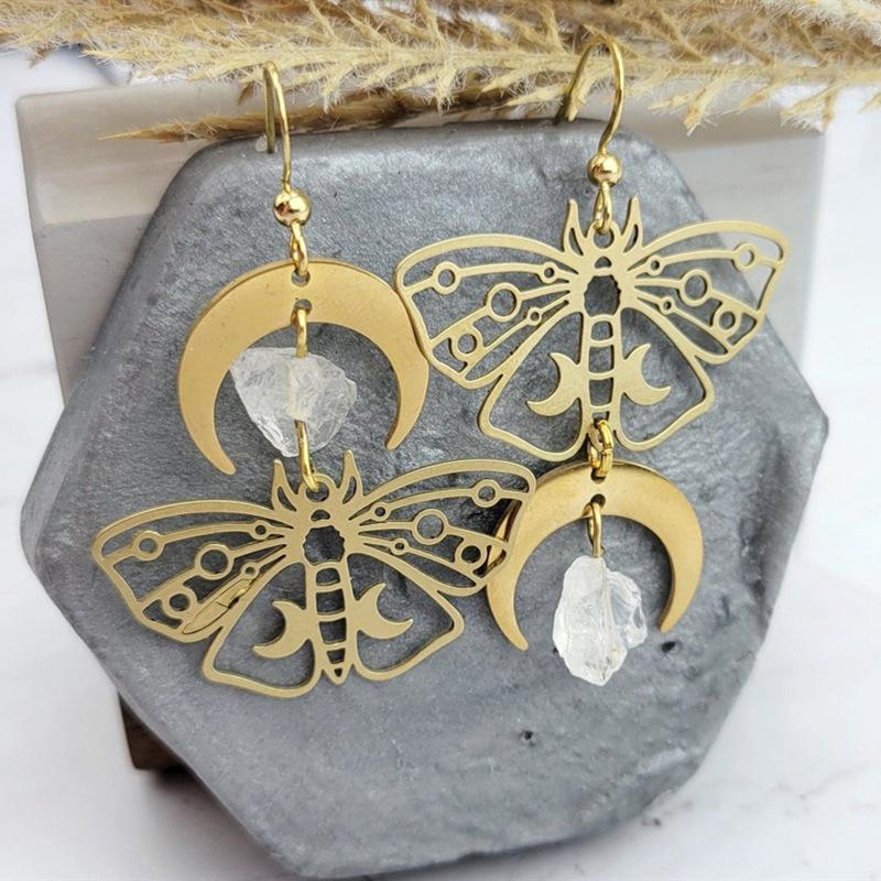 Vintage Hollow-out Butterfly Pendant Earrings Bohemian Moon Moth Ear Hooks Natural Stone Jewelry Accessory Gifts For Women Girls