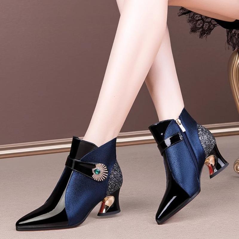 Fashion Ankle Boots Mother Thick Heel Metal Sequin and Velvet Warm Latin American New Women's Boots Pointed Toe Rhinestone Boots
