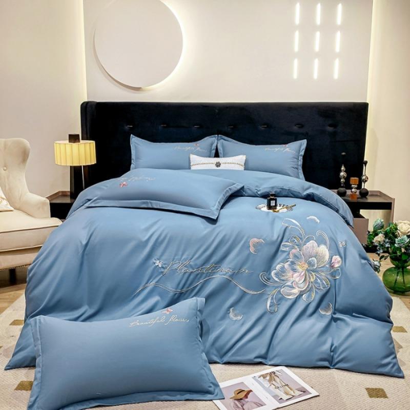 New High-end Embroidery Four Piece Set Solid Color Elegant Cotton Skin Friendly Brushed Bedding Four Piece Set Bed Sheet Set