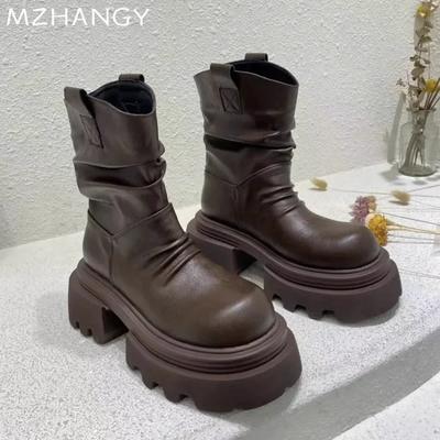 Plateau Damen Stiefeletten Leder Designer Plissiert Mittelhohe Absätze Schuhe Frau 2024 Trend Goth Neu Chelsea Boots Winter Mujer Botas