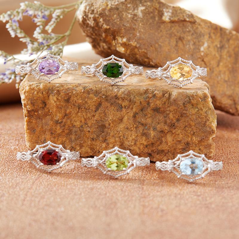 Natural Amethyst Citrine Colored Treasure Ring Women'S S925 Sterling Silver Index Finger Ring Xiaohongshu Earrings