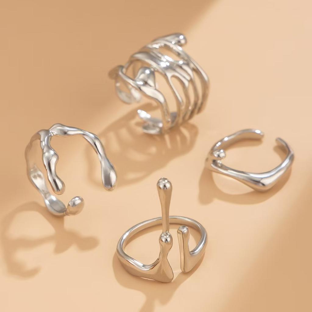 4-Piece Set Retro Irregular Lava Open Gold Copper Ring