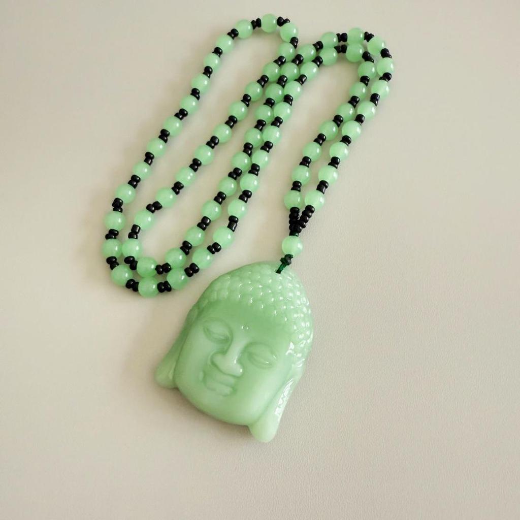 Black Obsidian Buddha Head Necklace with Green Buddha Pendant