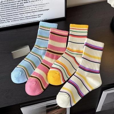 Bunte Baumwollsocken mit Streifen, Damen-Mittelschaftsocken, Künstlerische und Retro-Langsocken, Sportliche Trendsocken
