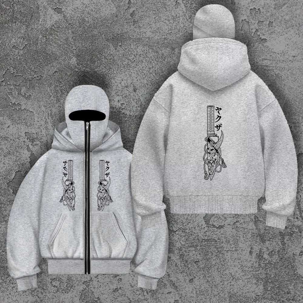 Trendy Zipper Hoodie Sword Men's Y2K Masked Hoodie Sweatshirt Sports Hoodie Spring and Autumn Plush