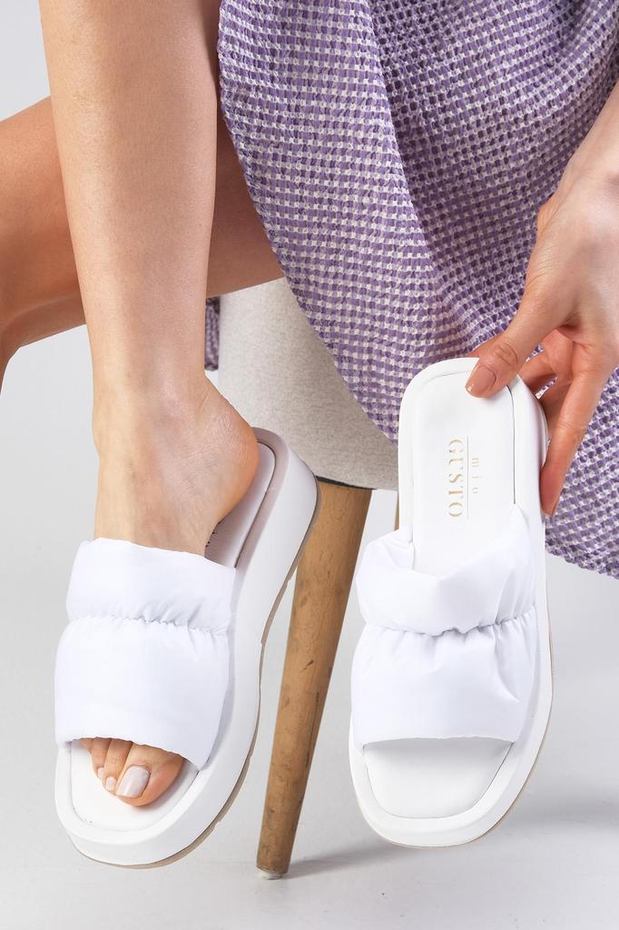 Marina White Color Blunt Toe Drawstring Inflável Banda Chinelos planos femininos