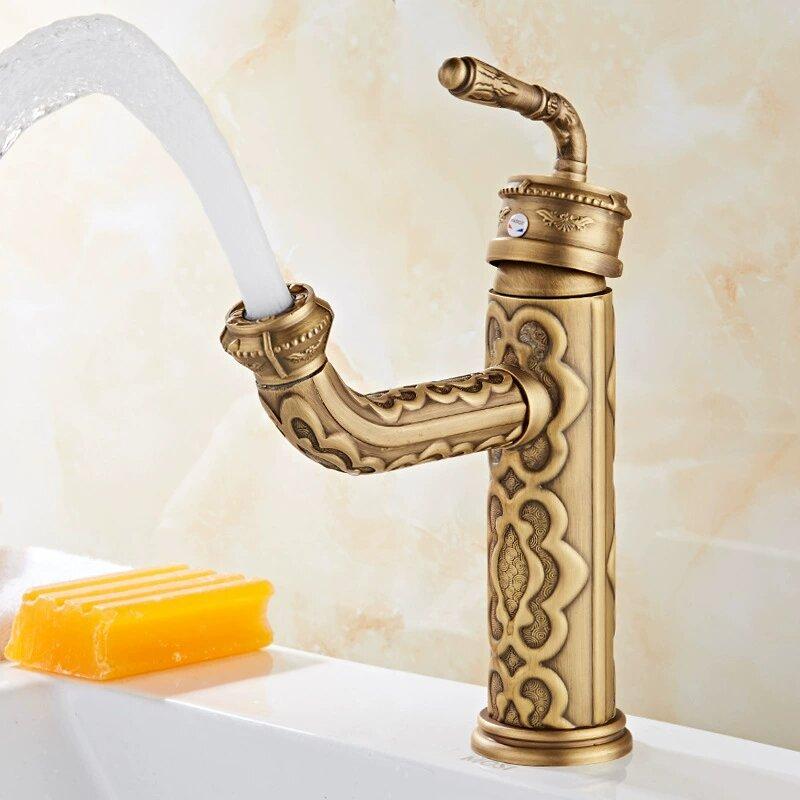Basin Faucets Antique Brass Faucets Basin Carving Taps Rotation Single Handle Taps Mixers Bathroom Vessel Sink Faucet