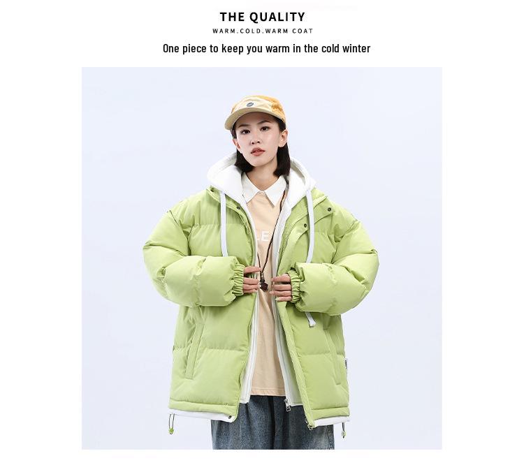 2025 Winter Faux Two-Piece Hooded Cotton Jacket - Unisex Warm, Trendy, Casual Bread Coat