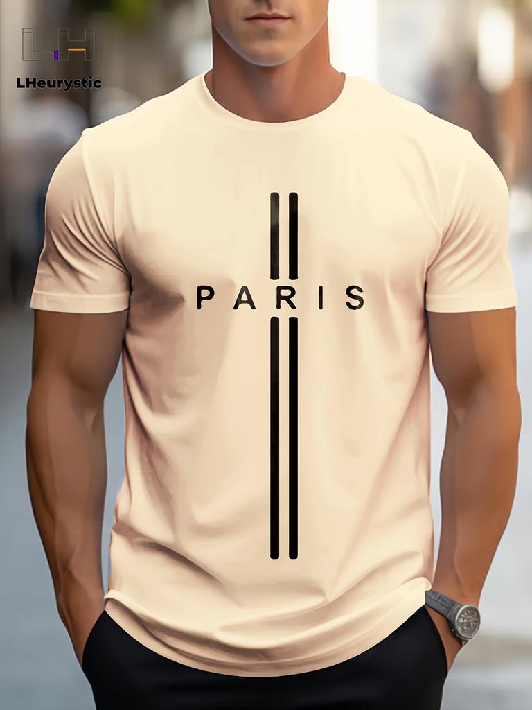 Men's 100% cotton summer loose size PARIS letter Graphic printed slim fit casual sports round neck short sleeved T-shirt top