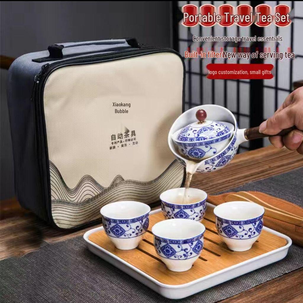 Portable Ceramic Kung Fu Tea Set with Bag – Includes One Pot, Four Cups, and Side Handle for Outdoor or Car Use