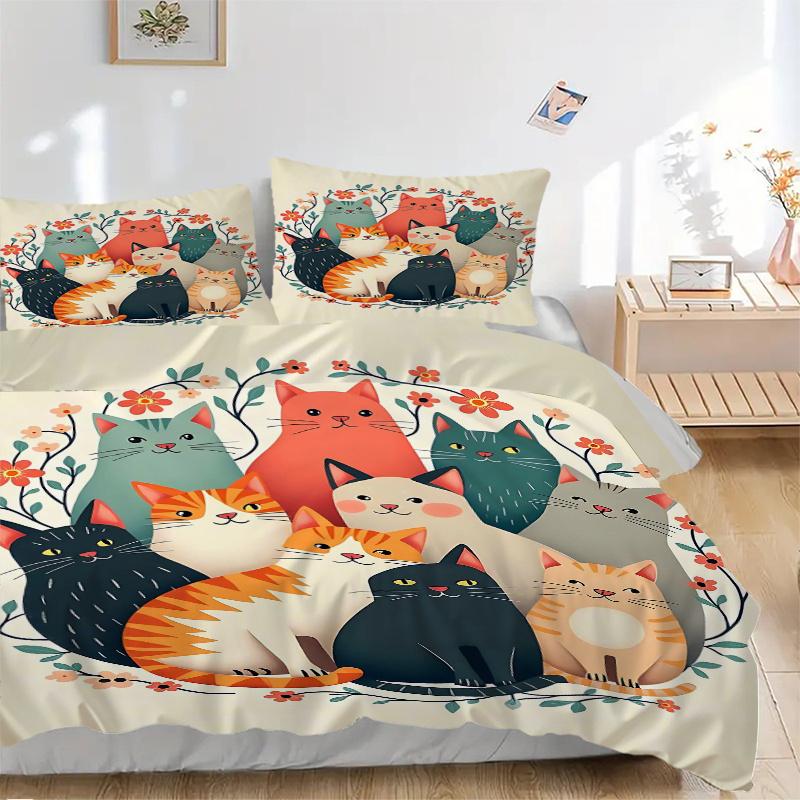 3pcs Cats & Flowers Quilt Cover Set - Soft & Comfortable Polyester Fabric, All-Season Breathable Comforter Set For 1 Quilt Cover & 2 Pillowcases