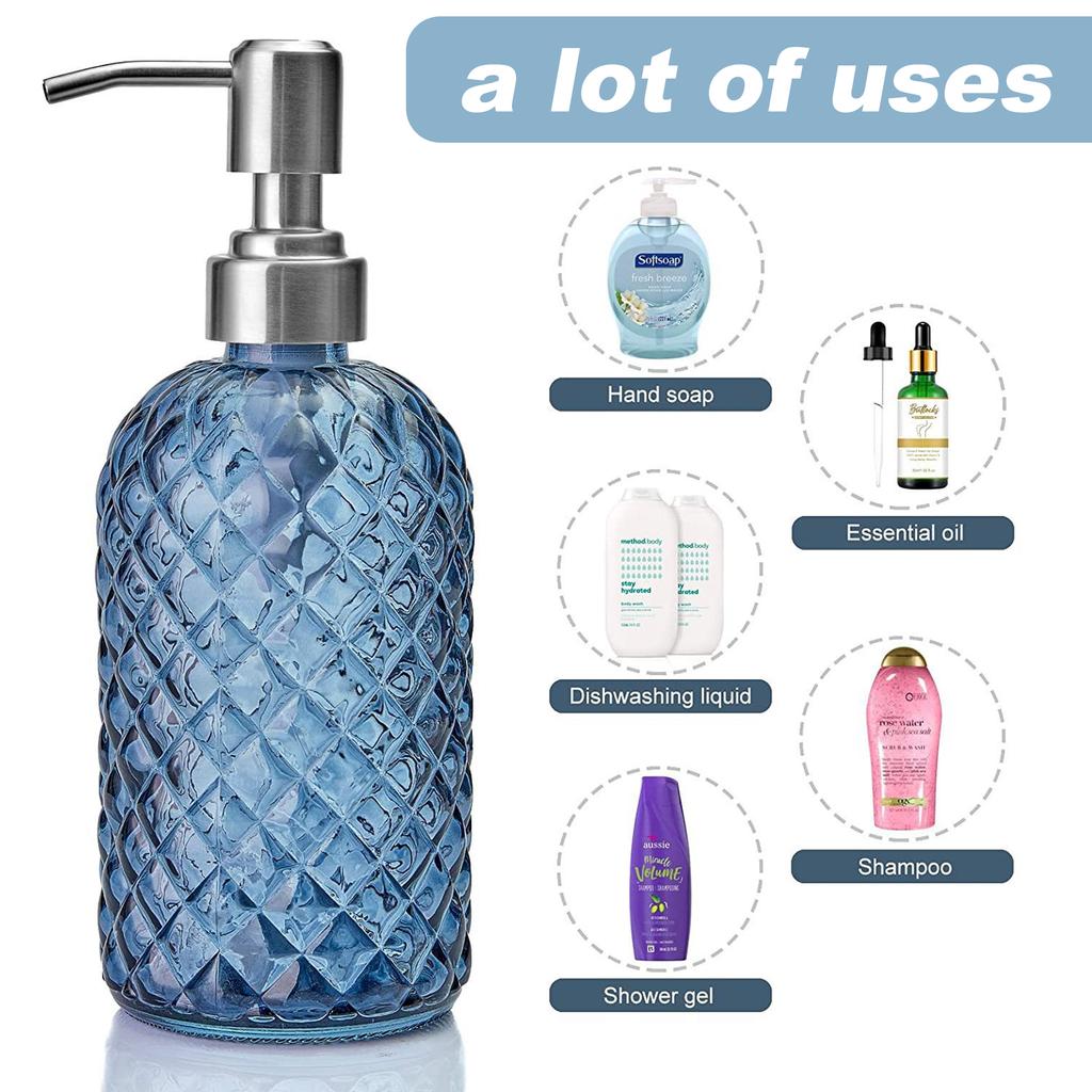 1pc 16oz Blue Soap Dispenser Bathroom, Glass Soap Dispenser with Pump, Gem Patterned Glass Soap Dispenser for Hand Soap