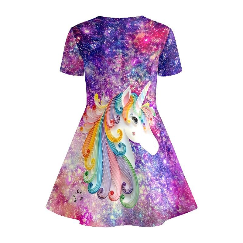 Mädchen Regenbogen Einhorn Aufdruck Glänzendes T-Shirt Kleid Lila Galaxie Lässiges Kleid Geeignet für Kinderpartys Geburtstage und Geschenke