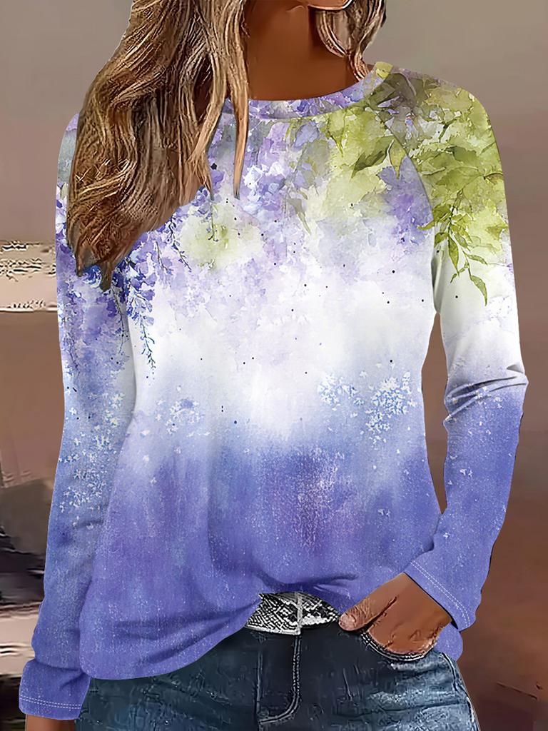Camiseta feminina com estampa floral 3D pequena, elegante, de manga comprida, gola redonda, tops normais para férias, fim de semana, primavera e outono