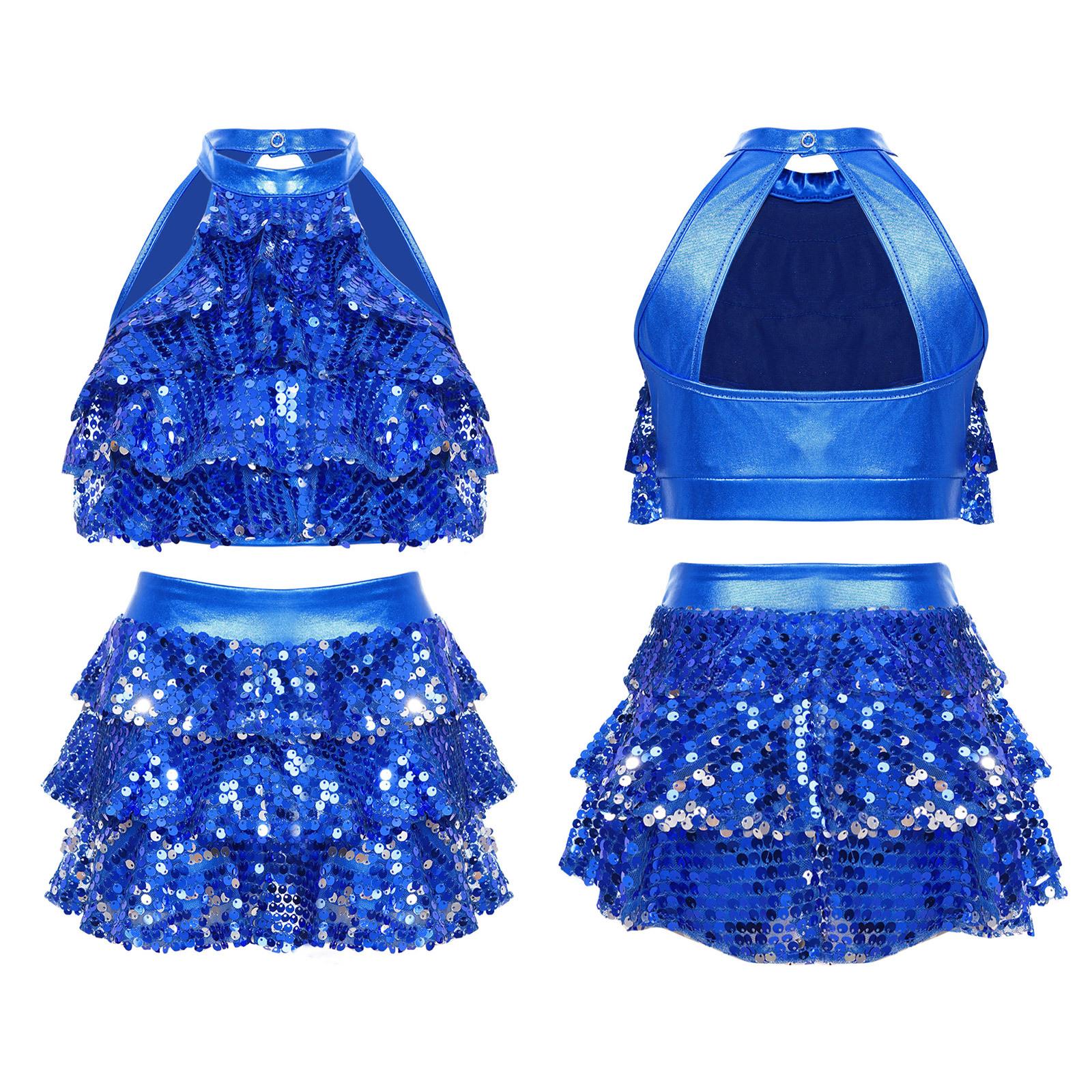 

Набір танцювального спорядження для дівчинки, дитини, гімнастики, укорочений топ без рукавів + спідниці, 2 шт., блискітки, танцювальний одяг 9-10 Years