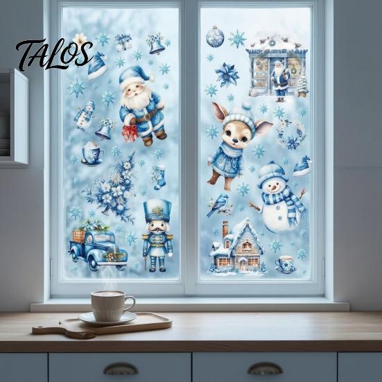 Home Decor for Christmas 9Pcs Window Clings, Blue Santa Snowman Reindeer Static Stickers, Nutcracker Clings Reusable Double Sided Xmas Decorations