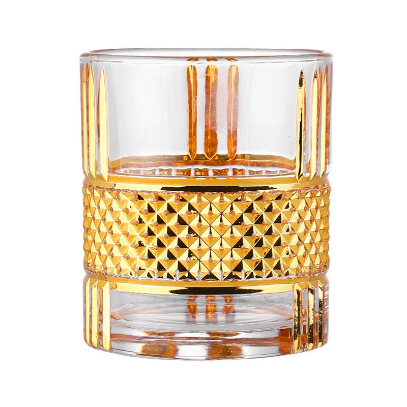 European Style Luxury Golden Old Fashioned Whiskey Rock Glass Diamond Cut Pattern Whisky Tumbler Trace Gold Wine Glass Beer Cup 320ml