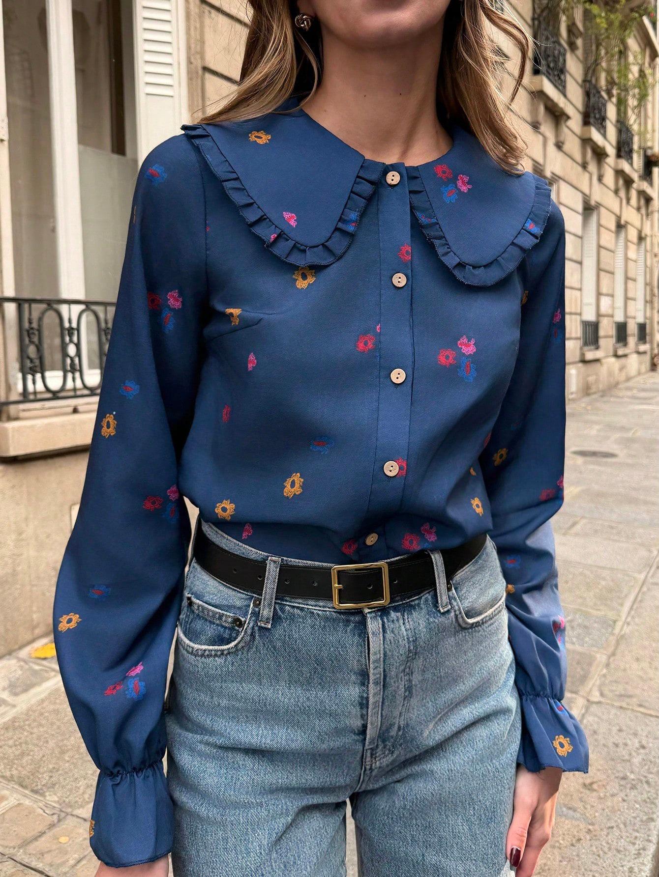 

Autumn Women s Trendy Single-Breasted Long-Sleeve Shirt with Doll Collar M темно-синий