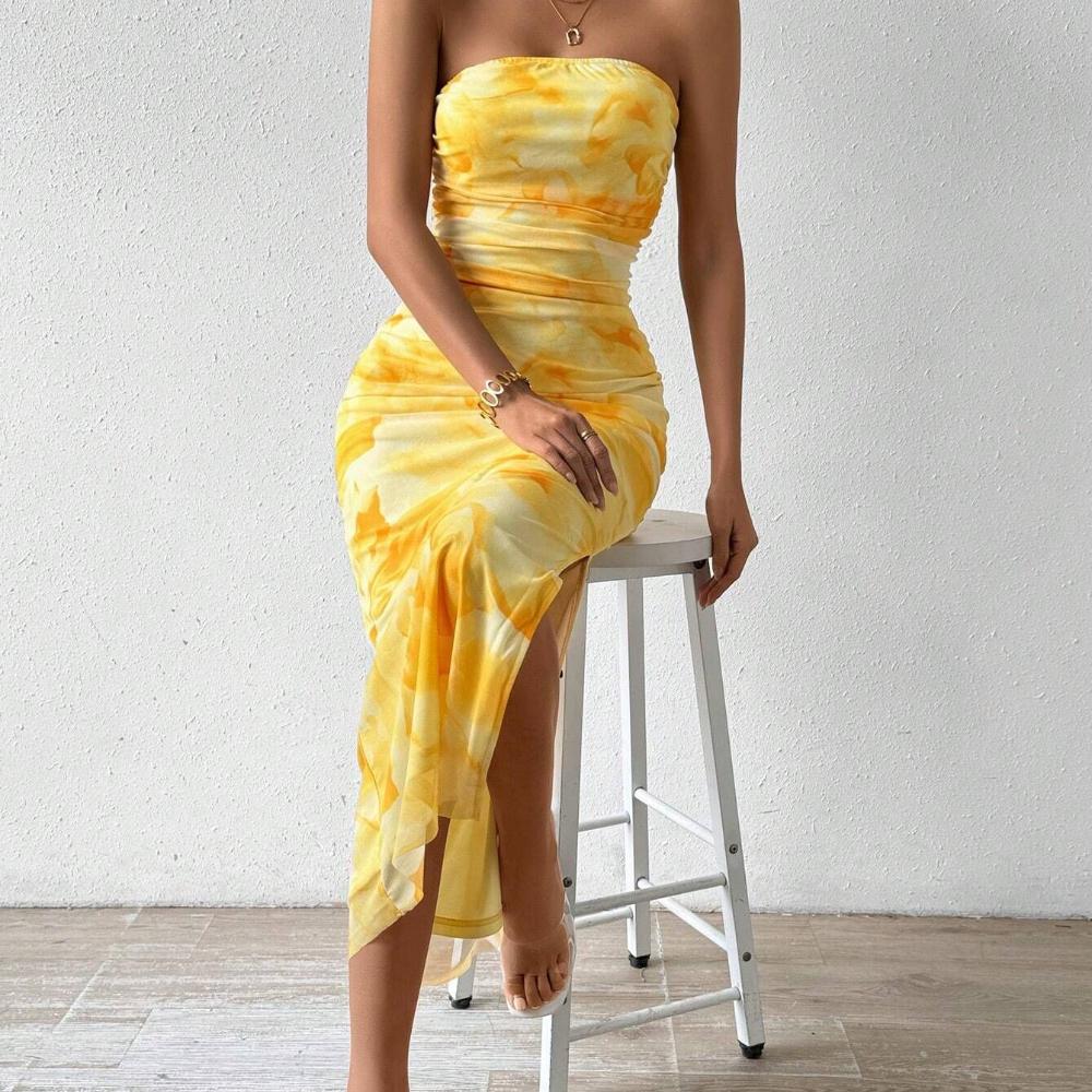 Sexy Strapless Floral Print Sheer Midi Dress Side Slit Bodycon Party Dress Summer Dress for Women Evening Party Outfit
