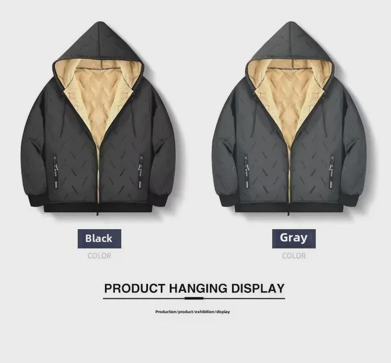Men's Lambskin Hooded Cotton Jacket - Windproof, Cold-Resistant, Warm Winter Outerwear for Casual Wear, Available in Large Sizes.