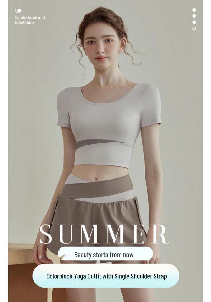 Premium Women's Color Block Sportswear Set - Short Sleeve Top & High-Waist Shorts, Yoga & Pilates Two-Piece Outfit