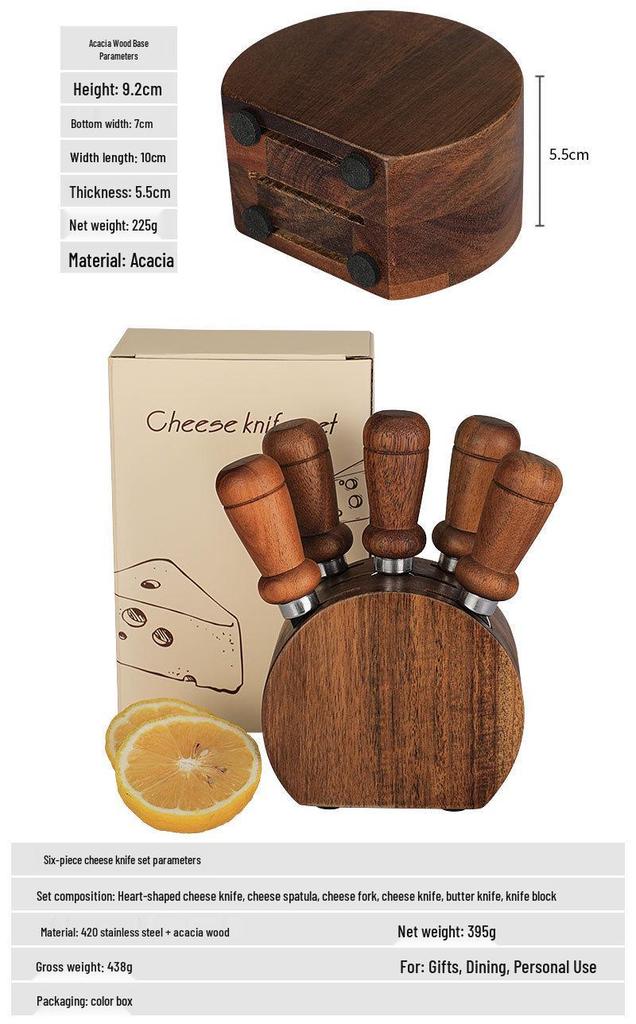 Acacia Wood Cheese Knife Set: Stainless Steel Knife, Fork, and Spatula with Storage Base