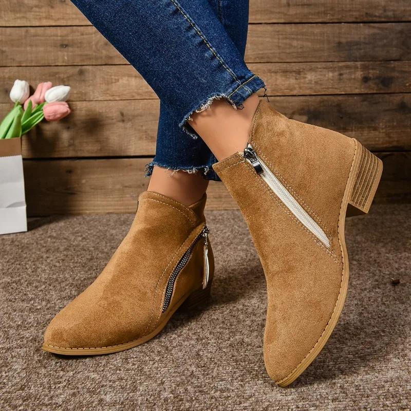 Bottines courtes pour femmes Printemps Rétro Fermeture éclair Talon haut Bottines courtes Mode femme Talon épais Chaussures décontractées pour femmes Zapatos