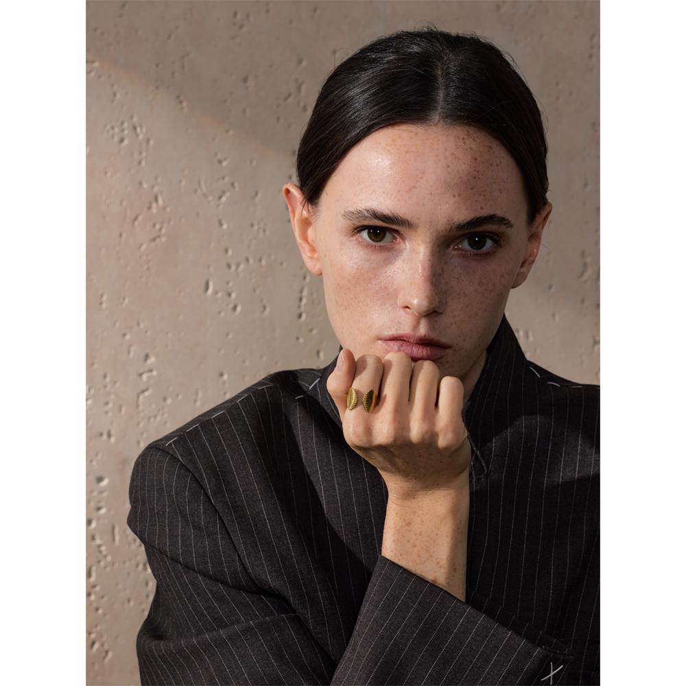 Yhpup High Quality Stainless Steel Metal Shell Stripe Geometric Open Adjustable Ring Texture Fashion Summer Holiday Jewelry