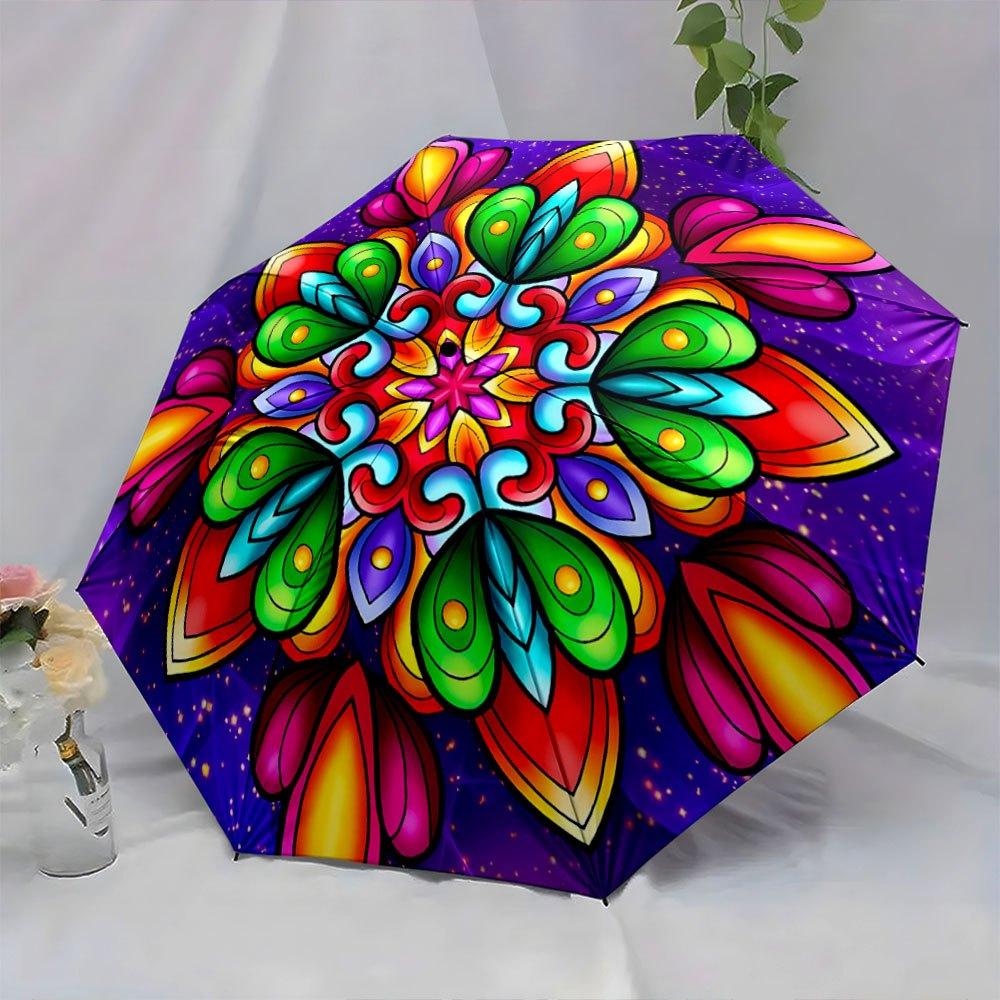 Automatic Open/Close Folding Umbrella with Kaleidoscope Mandala Pattern - Compact Travel Umbrella, Windproof 8-Rib Shaft, Auto