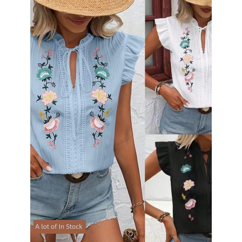 

Amazon Independent Station Export 2025 Summer New Arrival Fashion Style Women s Cross-Border Short Sleeve Embroidered Shirt Women s Fashion White 2XL