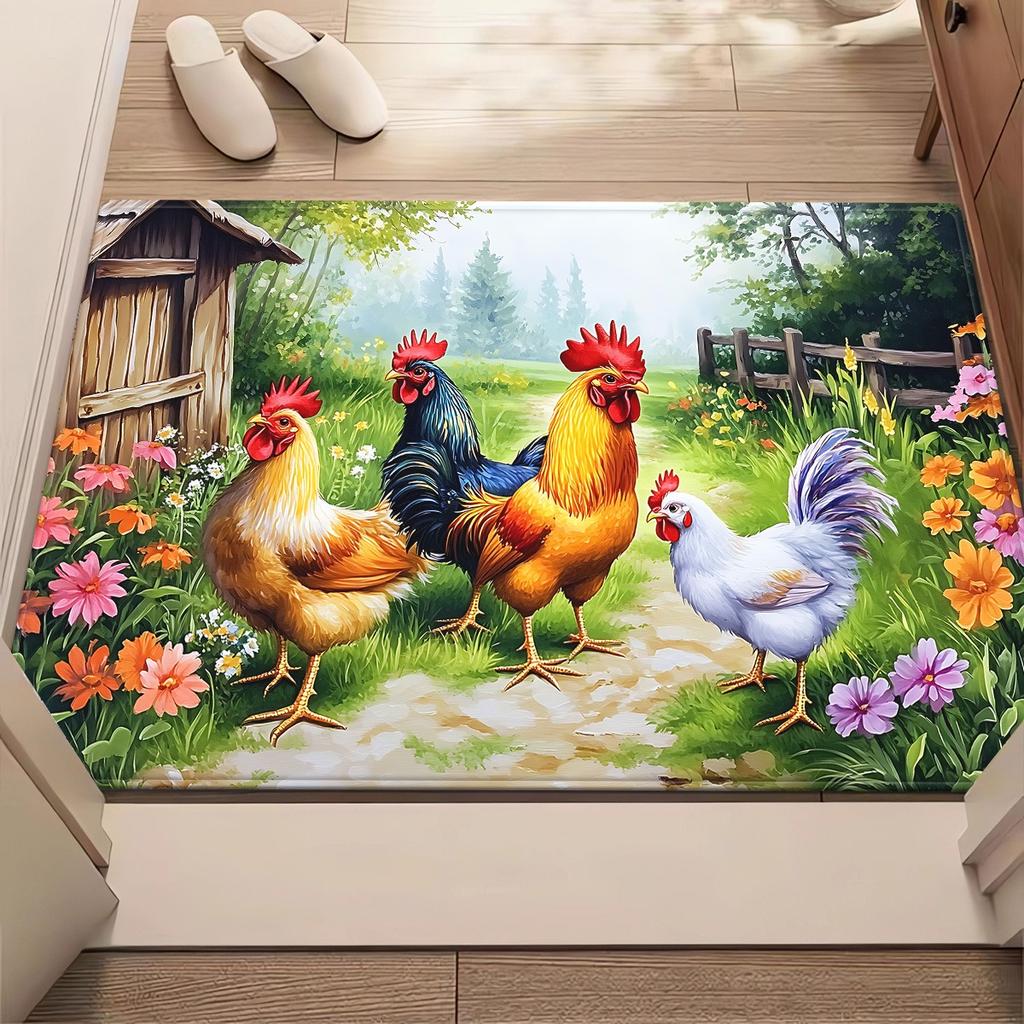 Farmyard Chickens Scene Crystal Velvet Rug Rustic Country Theme Living Room Decor Colorful Animals Print Soft Floor Mat for Home